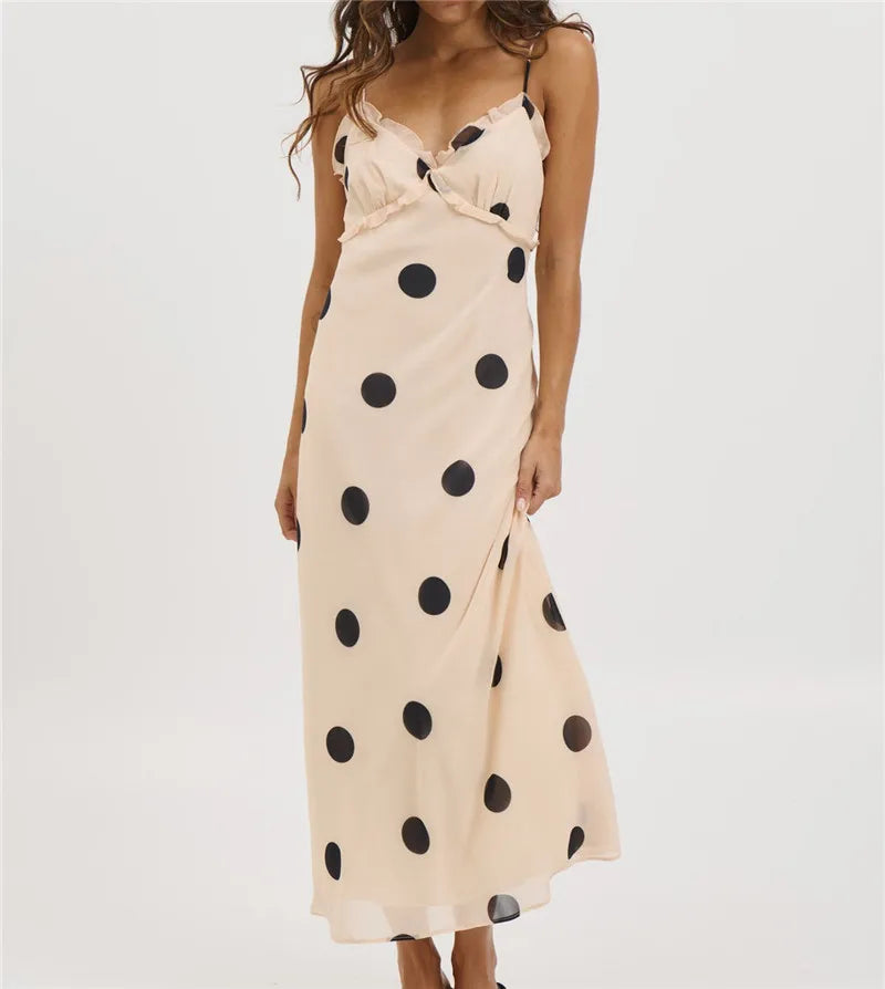 Women Summer Y2k Chiffon Maxi Dress V Neck Sleeveless Backless Polka Dot Print Ruffles Club Party Vacation Bodycon Dress