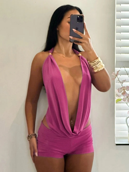 Sexy Summer 2-Piece Set Women Halter Deep Swing Collar Backless Camisole+Shorts Matching Sexy Clubwear Skinny Outfits