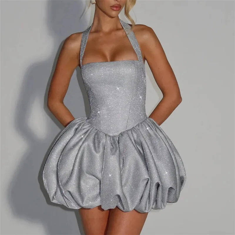 Women's Summer Halter Neck Tulle Mini Dress Glitter Sleeveless Open Back Cross Bandage Puffy Hem Cocktail Dress