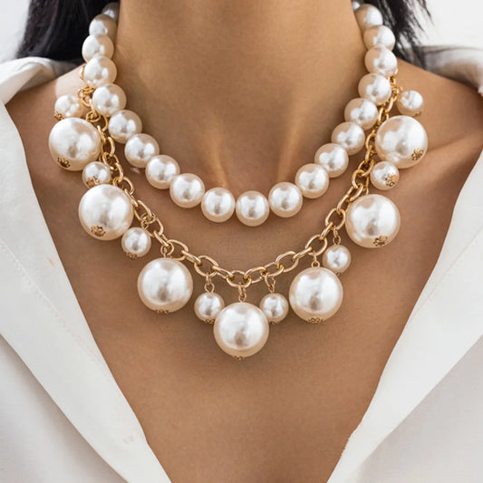 2Pcs/Set Exaggerated Big Imitation Pearl Choker Necklace for Women Goth Tassel Beads Chain Grunge Jewelry Steampunk New