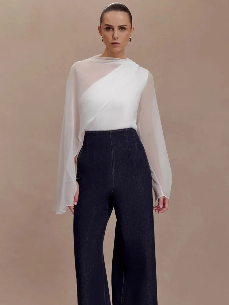 Chiffon Sheer White Sexy Shirt Women Elegant Summer Long Sleeve Cape Sleeve Backless T-shirt Female Fashion Tees