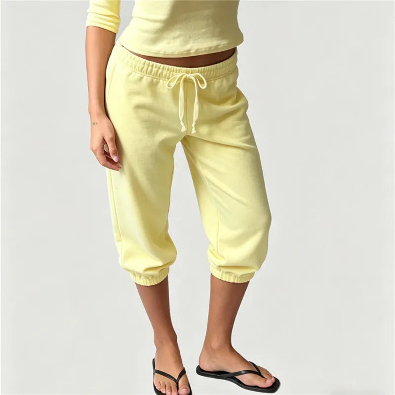Women Low Waist Drawstring Capri Sweatpants Loose 3/4 Length Cropped Casual Pants Y2K Streetwear Daily Loungewear