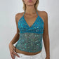 Women Y2K Sequin Cami Top Pearl Rhinestone Sleeveless Tank Top Sparkle Glitter Backless Crop Top Going Out Streetwear