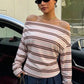Casuals Striped Print T-Shirt Women Autumn Trend Chic Skew Collar Off-Shoulder Full Sleeve Fashion Street Sporty Tees