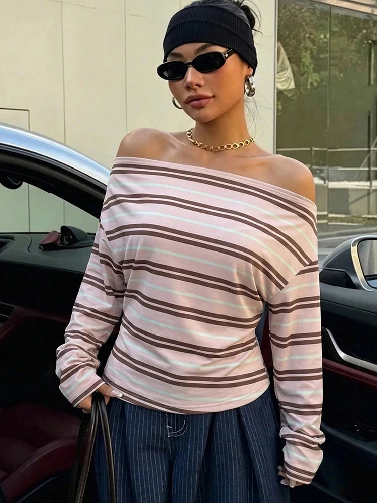 Casuals Striped Print T-Shirt Women Autumn Trend Chic Skew Collar Off-Shoulder Full Sleeve Fashion Street Sporty Tees