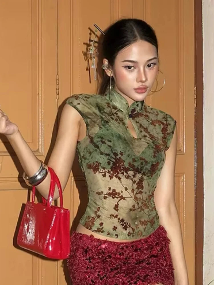 Slim Tank Top Women  Leisure Sexy See Through Sleeveless Plum Blossom Print Fashion Hottie Stretch Trend Street Club Vest