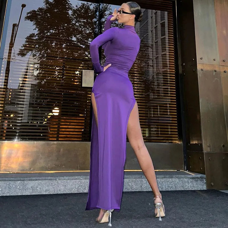 Sexy Winter Double-slit Bodycon Dresses Elegant Purple Black Long Maxi Dress with Sleeves Party Club Outfits