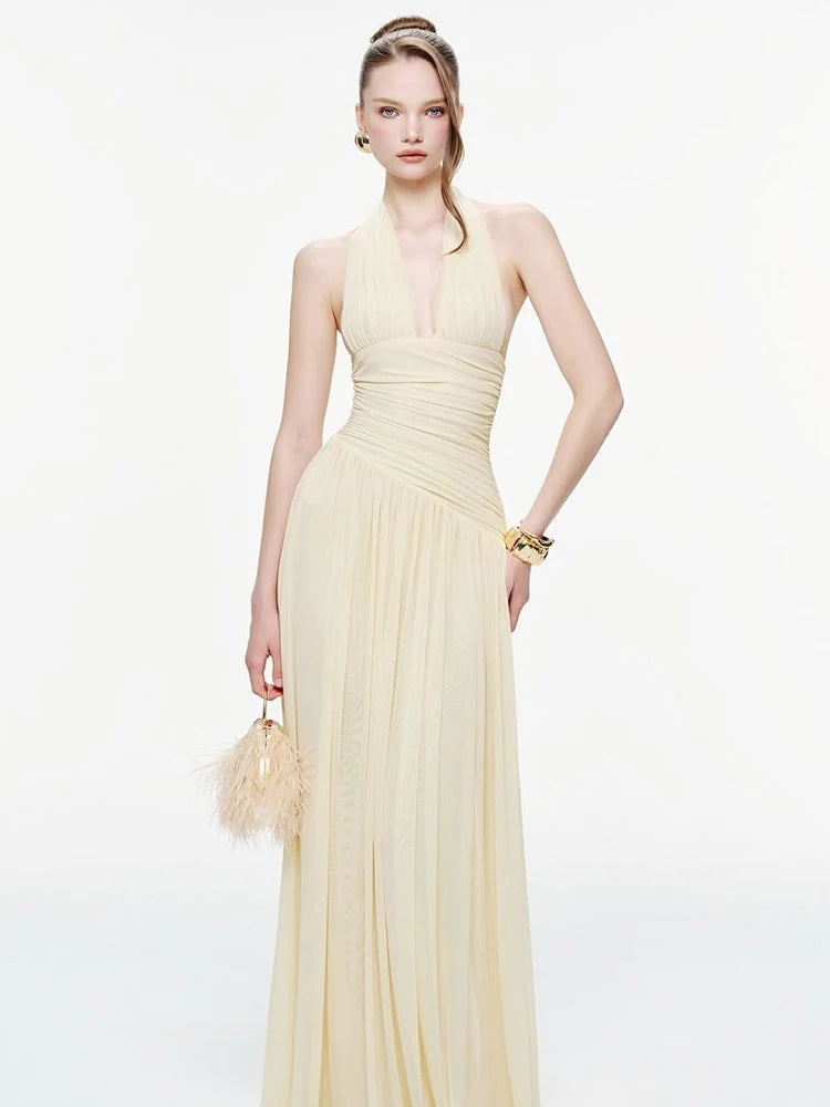 Backless Fashion Draped Maxi Dress Women Halter Bandage Tassel v-Neck Sleeveless Birthday Party Elegant Chic Vestidos