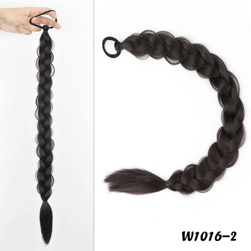 24inches Synthetic Long Braided Ponytail Hair Extensions for Women Black Brown Pony Tail with Hair Rope High Temperature Fiber