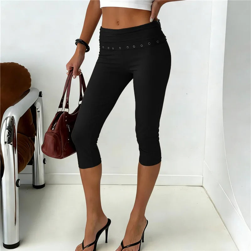 Low Rise Fold Over Studded Detail Skinny Pants Women Eyelet Waistband Capri Leggings Y2K Aesthetic Punk Streetwear