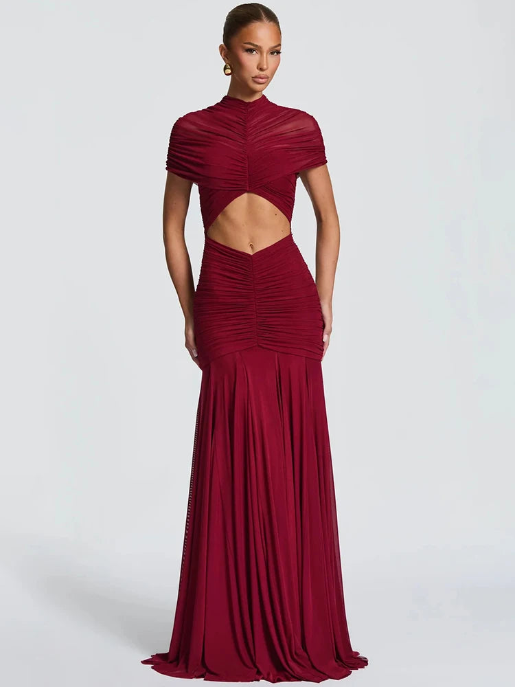 Short Sleeve Ruched Sexy Maxi Dress Women Elegant Hollow Out Turtleneck Bodycon Pleated Club Party Long Dress Female