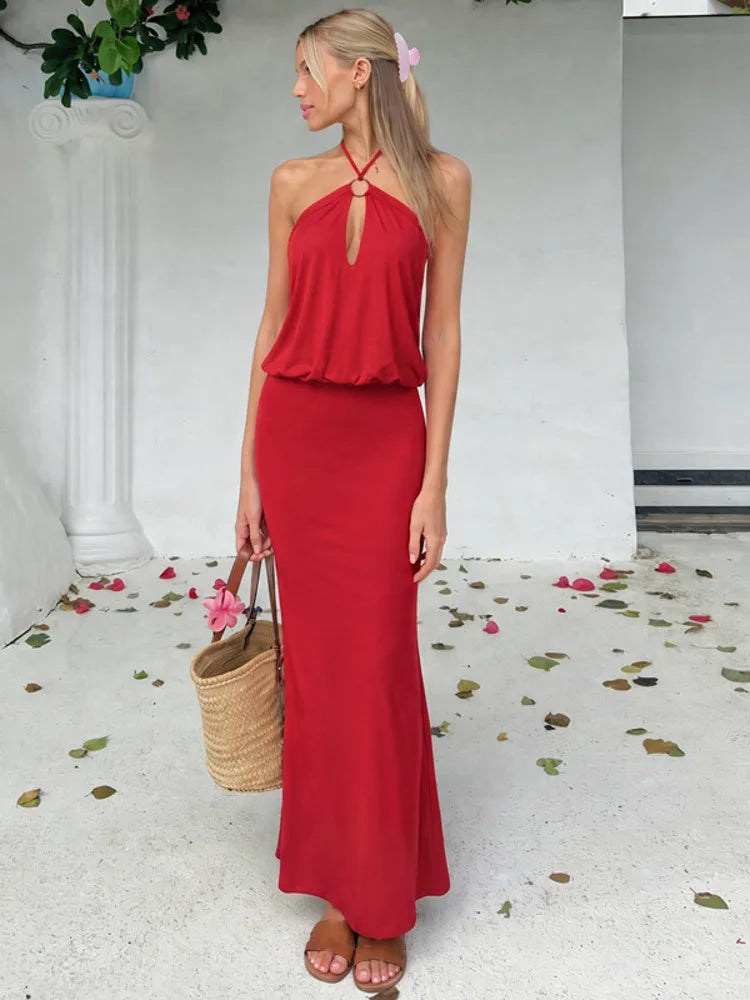 Women Halter Neck O‑Ring Keyhole Sexy Maxi Dress Sleeveless Blouson Bodycon Floor‑Length Evening Party Long Gown