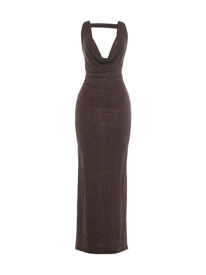 Swing Collar Sexy Hollow Backless Dress Women Fashion Sequin Applique Sleeveless Elegant Evening Party Club Long Bodycon
