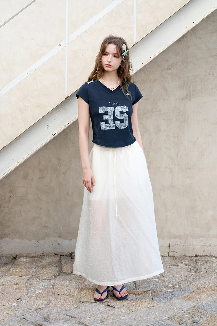 Vintage Lace Number Print T-shirt Slim V Neck Short Sleeve Top, Y2K Casual Fitted Tee, Sporty Graphic Crop T-shirt