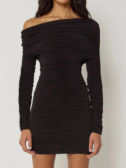 Inclined Shoulder Long Sleeve Sexy Mini Dress For Women Autumn New Fashion Backless Ruched Bodycon Party Sexy Dress