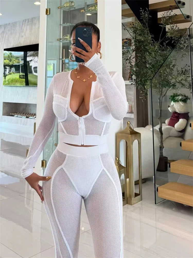 Sexy Patchwork Mesh 2-Piece Set Women Zip O-Neck Long Sleeve Crop Tops+Pants Stretch Matching Midnight Autumn Outfits