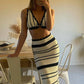 Knit Women 2 Piece Set Summer Trend Crochet Stripe v-Neck Bandage Camisole+Skirts Matching Stretch Elegant Clubwear