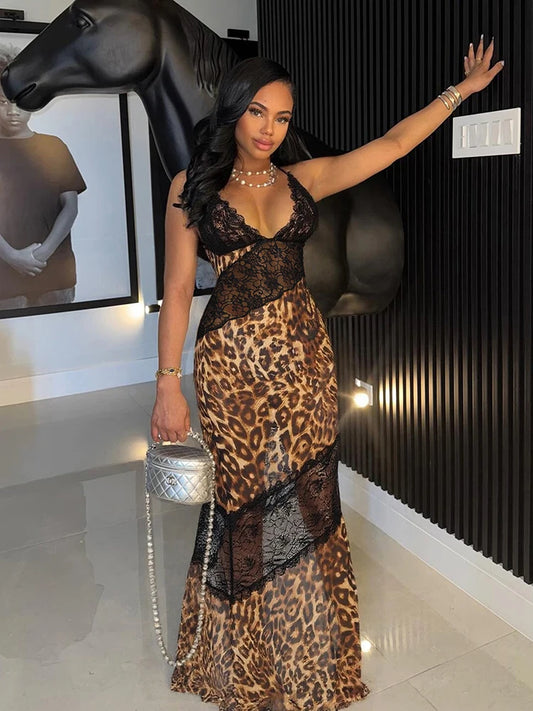 Mesh Patchwork Mermaid Dress Women Leopard Print Sexy Low-Neck Cleavage Backless Ruched Midnight Fashion Long Bodycon