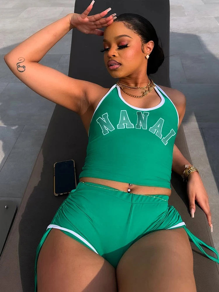 Sporty 2 Piece Set Women Casual Letter Print Halter Vest+Side Shirring Shorts Matching Streetwear Fitness Outfits