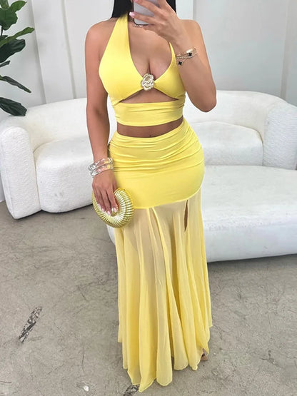 Sexy Fashion 2 Piece Set Women Metal Flower Decoration Halter Hollow Tops+Mesh Patchwork Long Skirts Elegant Outfits