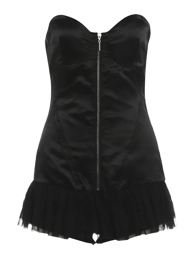 Mesh Patchwork Mini Dress Woman Sexy Zip Wrap Chest Backless High Waist Midnight Club Party Ruched Elegant Bodycon