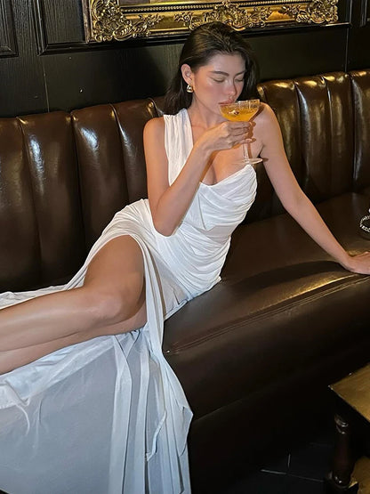 Patchwork Mesh Maxi Dress Women Irregular Double Deck Slits Skinny Ruffles Summer Trend Vacation Beach Party Vestidos