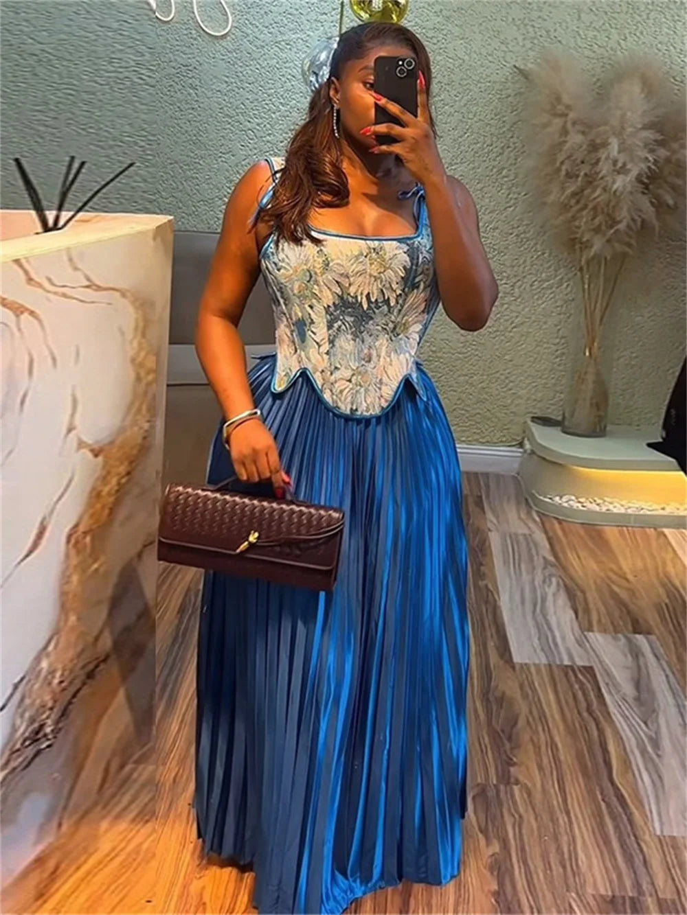 Elegant 2-Piece Set Women Irregular Hem Shirring Floral Fishbone Tank Tops+Pleated Long Skirts Evening Party Outfits