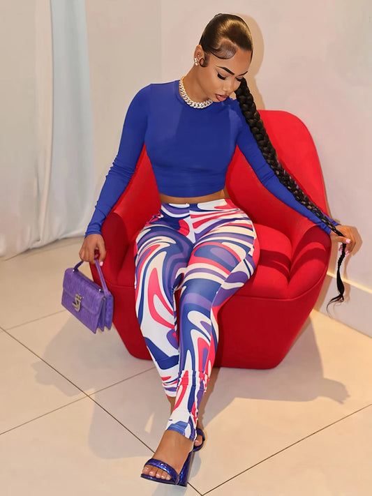 Chic Casual Women Tracksuit 2 Piece Set Fall Crop Tops+Colorful Print Leggings Tight Stretch Street Sporty Matching Suit