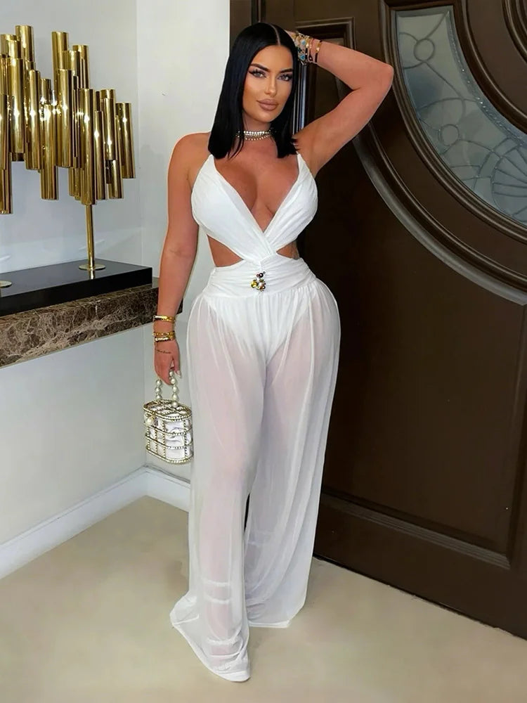 Sexy See Through Jumpsuit Women Strap Low Chest Backless Waistless Lace-Up Simple Solid Skinny Sexy Clubwear Overalls