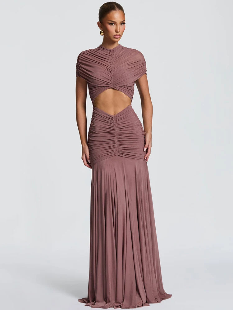 Short Sleeve Ruched Sexy Maxi Dress Women Elegant Hollow Out Turtleneck Bodycon Pleated Club Party Long Dress Female