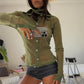 Women's Glitter Sheer Mesh Shirt Long Sleeve Choker Neck Button Down Cropped Blouse Y2K Party Clubwear See Through Top