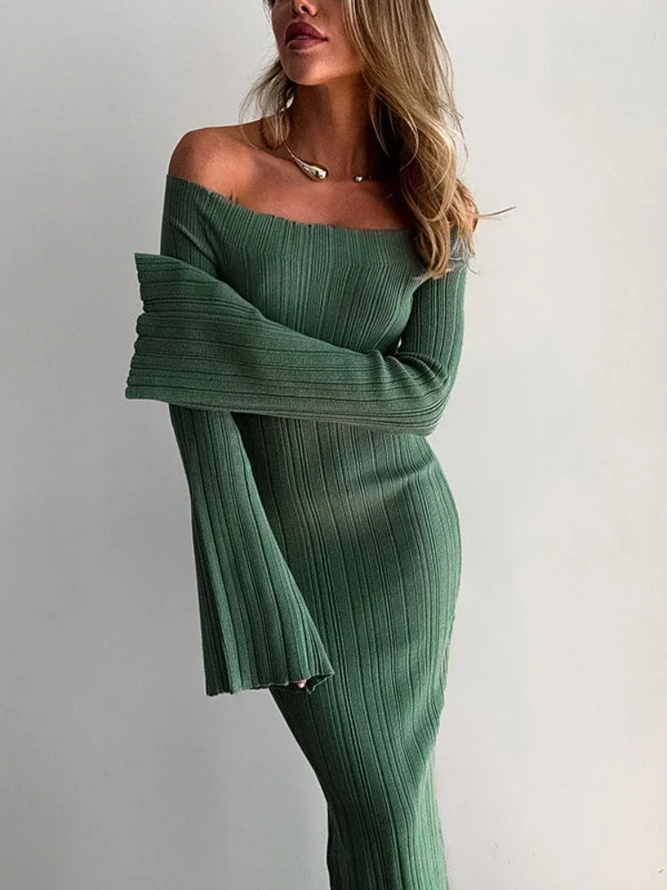 Off Shoulder Flare Sleeve Long Dresses Black Green White Knitted Elegant Dress Fall Clothes 2024 Women