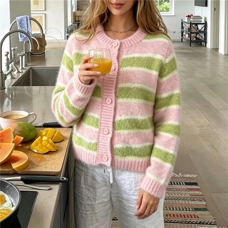 Women Fuzzy Mohair Knit Cardigan Striped Round Neck Button Front Cropped Sweater Long Sleeve Y2K Retro Streetwear Jacket