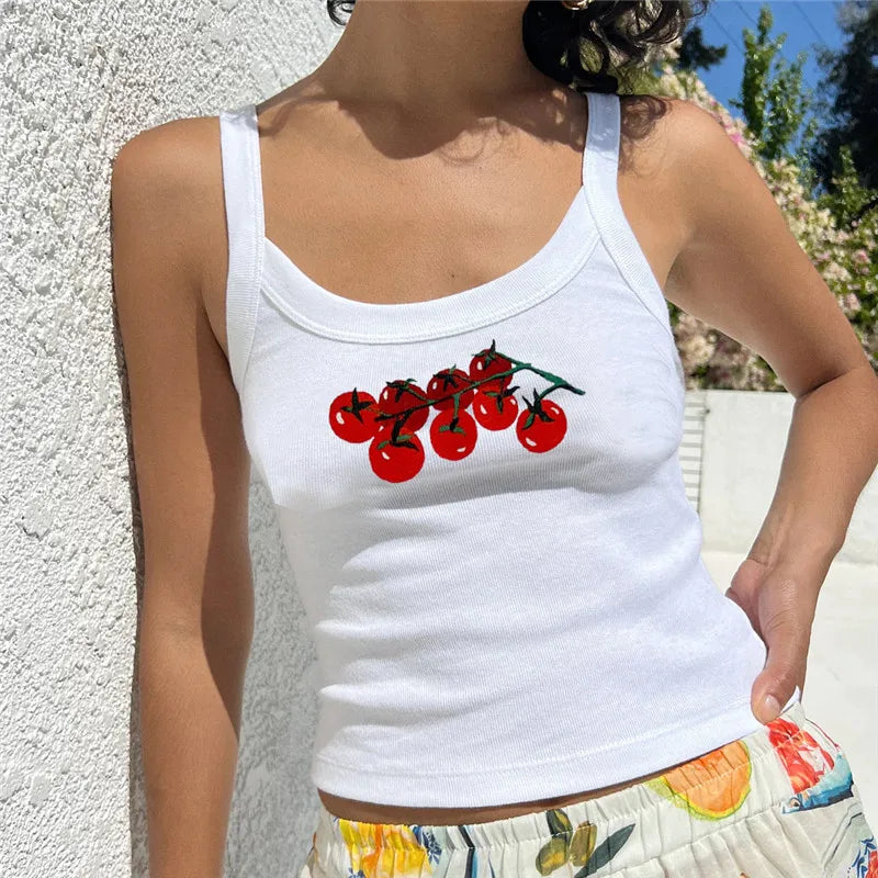 Women's Y2k Cute Print Tank Top Vintage Aesthetic Slim Fit Sleeveless Crop Top 90s E Girls Summer Going Out Mini Top
