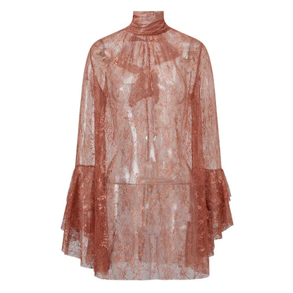 Coastal Beach Sheer Lace Cover Up Mini Dress High Neck Flare Sleeve Bikini Wrap Vacation Resort Swim Outerwear