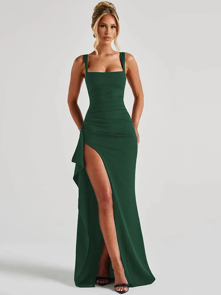 Elegant Spaghetti Strap Sexy Maxi Dress Women Gown Fashion Sleeveless Backless Thigh High Split Draped Club Long Dress