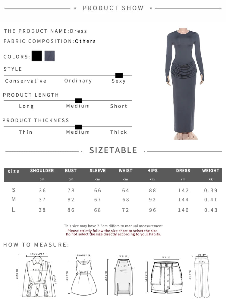 Casual Ruched Elegant Long Dresses Woman Autumn Style Classic o-Neck Full Sleeve Skinny High Waist Robe Basic Vestidos