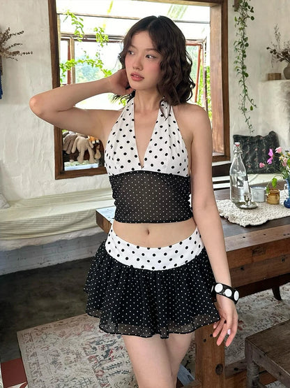 Patchwork 2-Piece Set Women Y2K Polka Dot Print Halter Backless v-Neck Tank Tops + Folds Skirts Summer Matching Suit