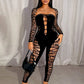 Hollow Strapless Jumpsuit+Shawl Women Sexy See Through Coquette Hipster Midnight Clubwear Activity Workout Overalls