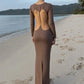 Waistless Long Dress Woman o-Neck Full Sleeve Rhinestone Decoration Backless Design Midnight Prom Party Elegant Vestidos