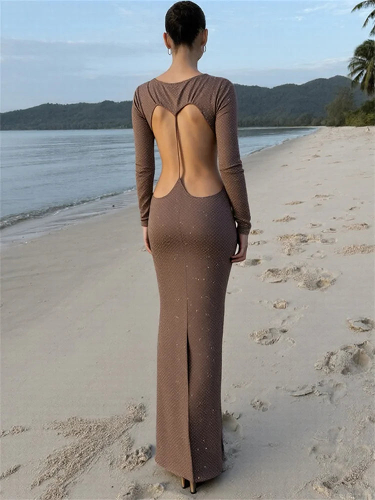 Waistless Long Dress Woman o-Neck Full Sleeve Rhinestone Decoration Backless Design Midnight Prom Party Elegant Vestidos