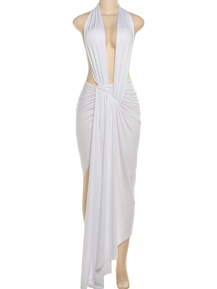 Sexy Backless Dress Women Halter Sleeveless Knot Ribbon Ruched Slits Irregular Hem Birthday Party Elegant Vestidos