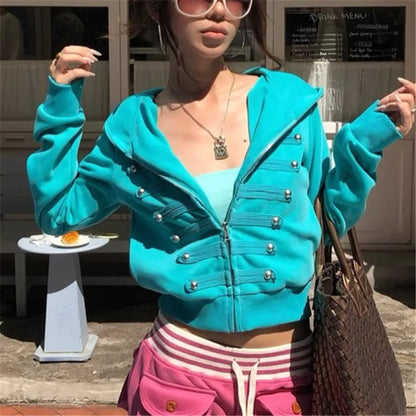 Womens Trendy Cropped Zip Hoodie Military Double Metal Buttons Design Hooded Long Sleeve Slim Short Jacket Street Top