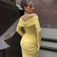 Off Shoulder Long Sleeve Maxi Dress Yellow Mesh Elegant Dresses for Woman for Party Outfits Autumn 2025