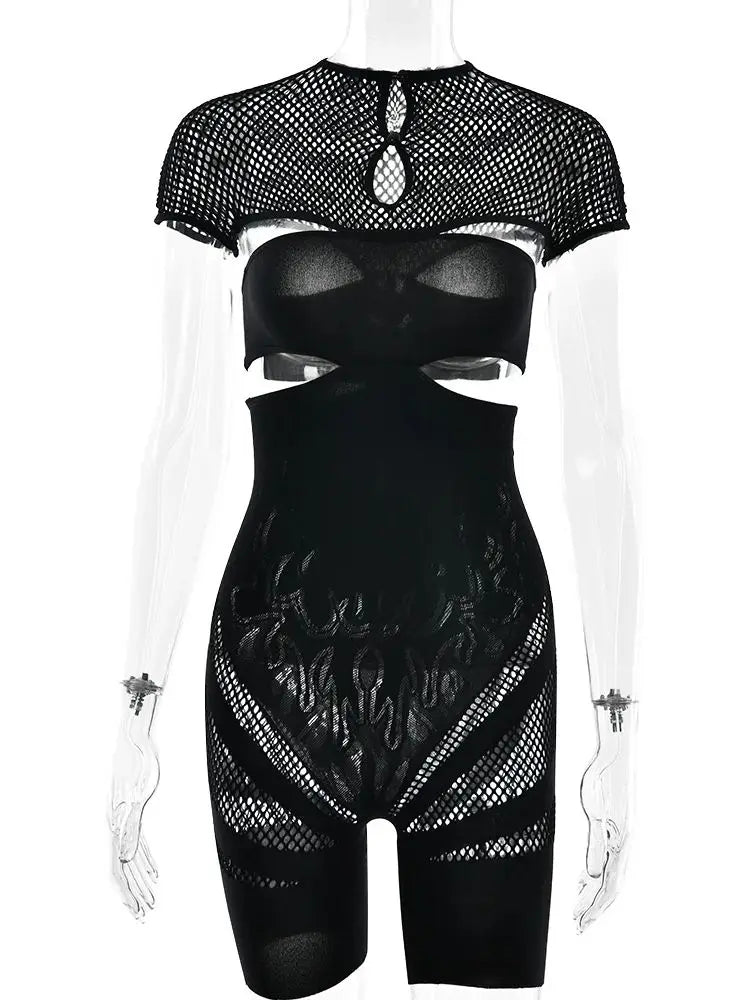 Sexy Hollow Playsuits Women Thin Sexy Patchwork Body-Shaping Midnight Party Clubwear Stretch Activity Summer Romper