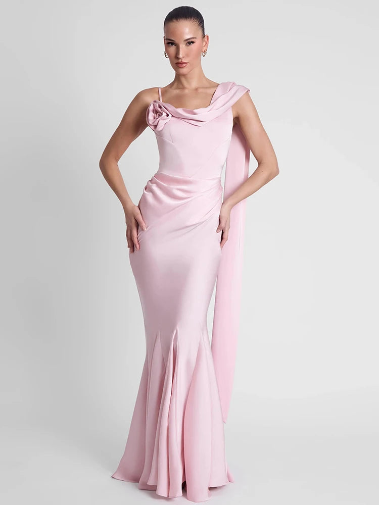 Satin Backless Sexy Maxi Dress Women Elegant One Spaghetti Strap Sleeveless Ruched Waist Club Party Mermaid Long Dress