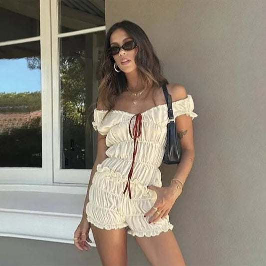 Bow Ruched Top and Shorts Two Piece Set Y2k Coquette Clothes Women Summer Vacation Outfits 2024