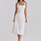 Women White Halter Neck Midi Dress Elegant Ruched Waist Sleeveless Bodycon Party Wedding Guest Formal Evening Dresses