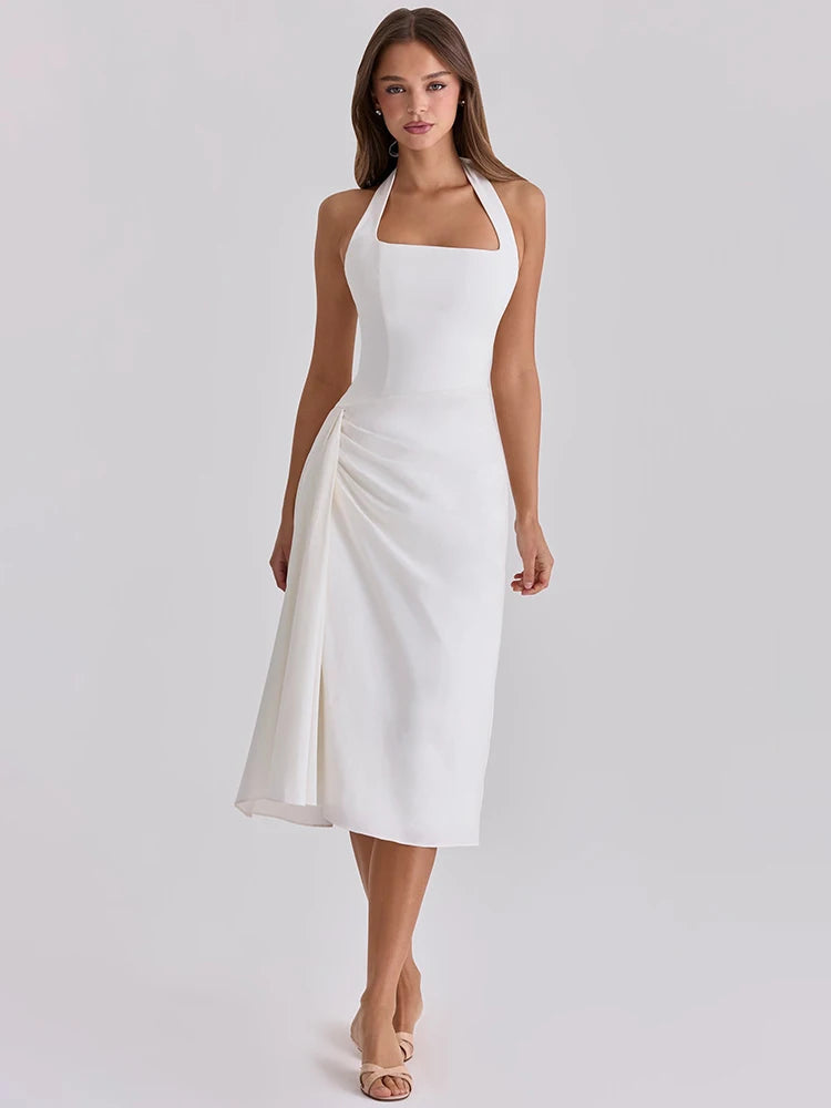 Women White Halter Neck Midi Dress Elegant Ruched Waist Sleeveless Bodycon Party Wedding Guest Formal Evening Dresses