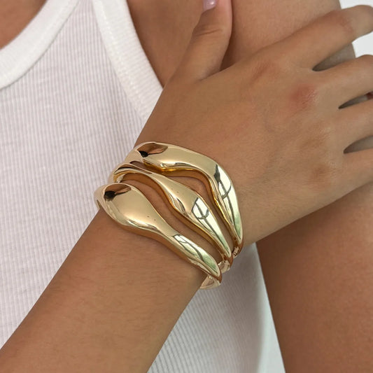 2 Styles Trendy Simple Chunky Thick Bangles for Women Vintage Smooth Curved Alloy Bracelet Summer Charm Jewelry Gift